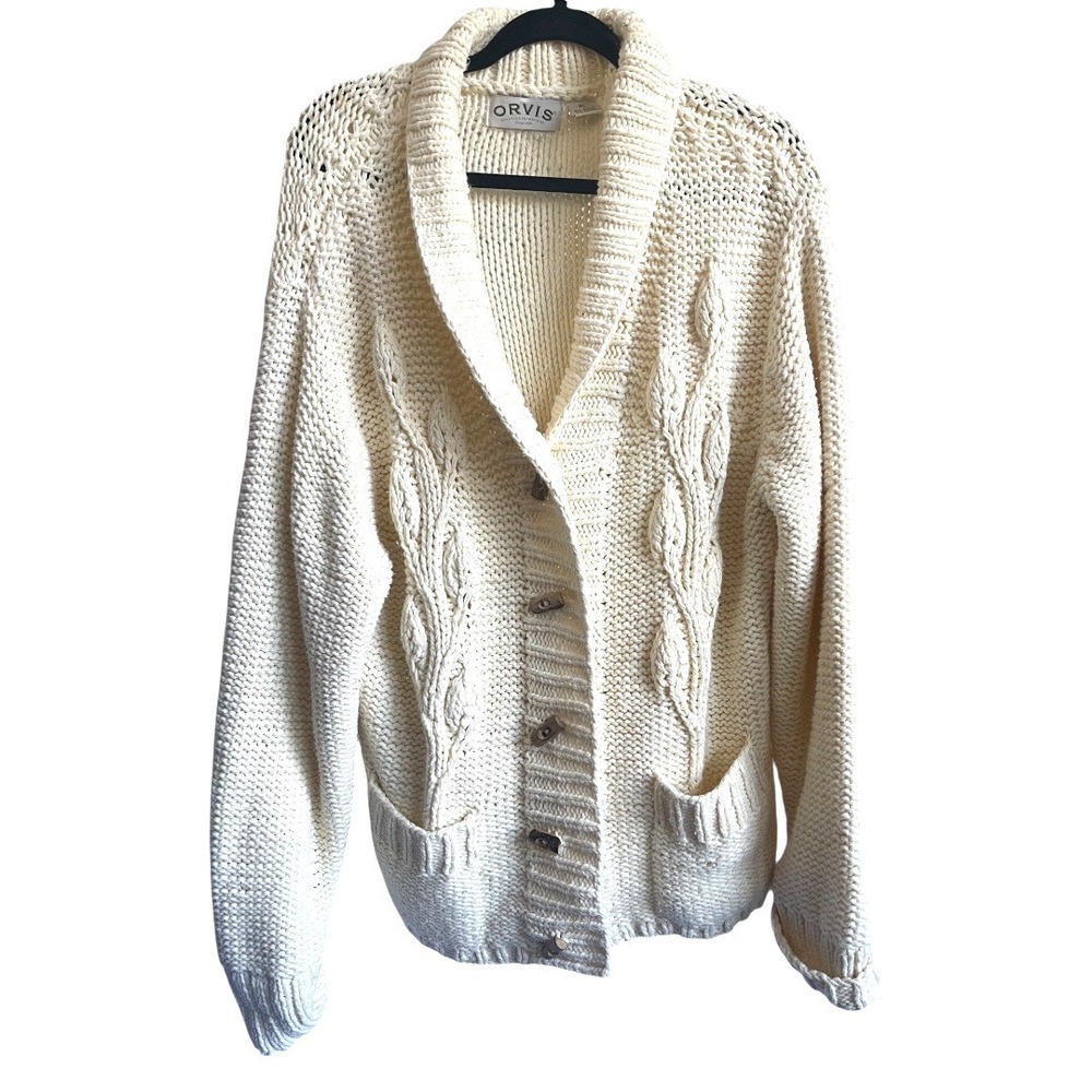 Orvis Cream Cable Knit Shawl Collar Cardigan Sweater XL Fisherman
